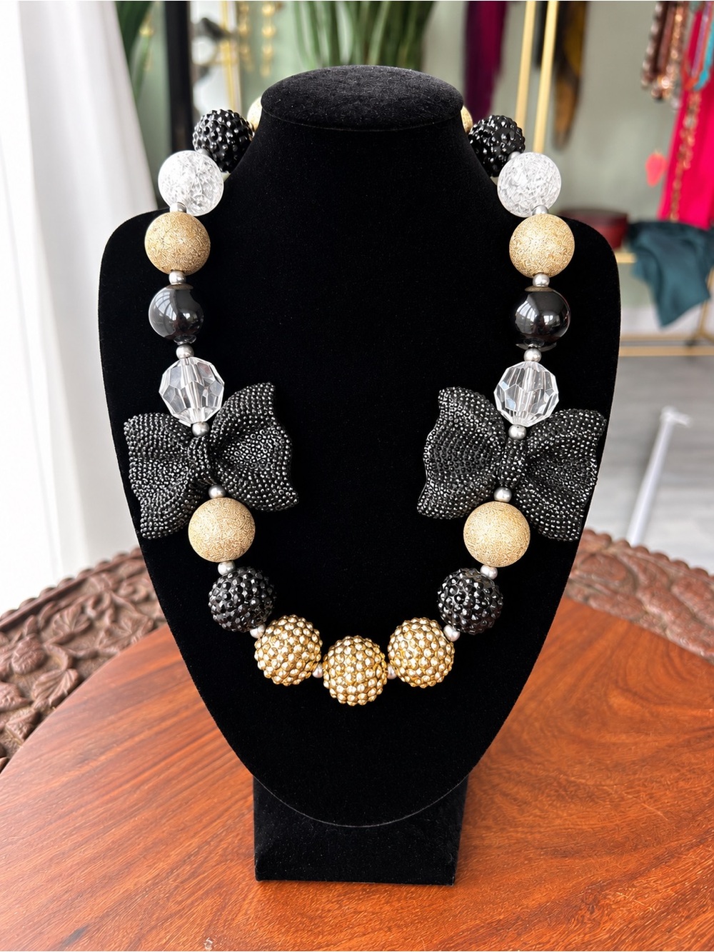 Chunky Statement Necklace Black Gold Rhinestone Beads Oversized Bow Glam
